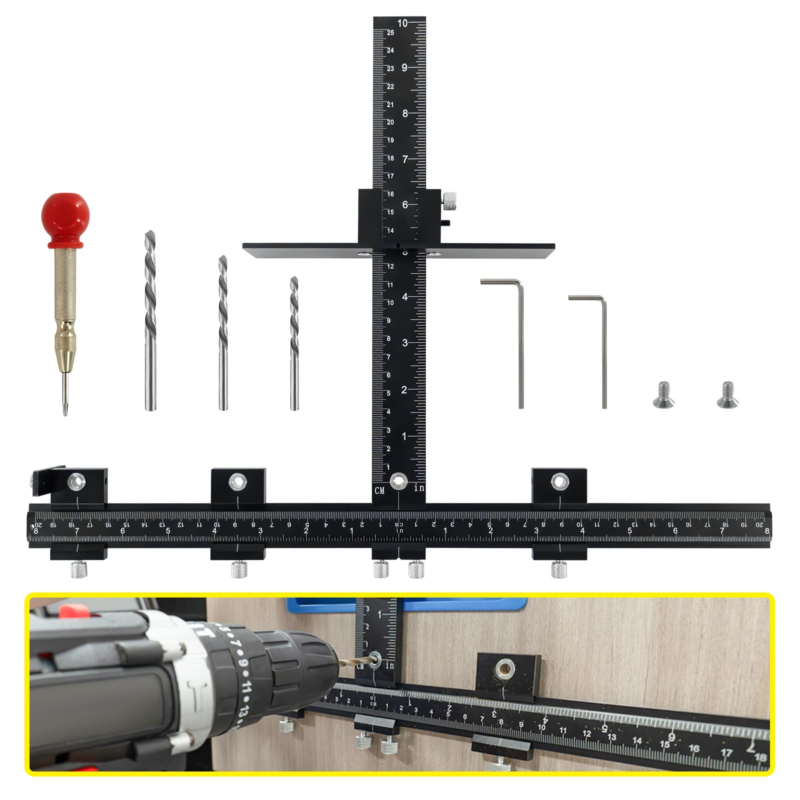 DOCXCDO Cabinet Hardware Jig, Aluminum Cabinet Handle Jig for Handles Pulls Knobs, Cabinet Pull Jig with Automatic Center Punch, Hardware Jig for Door Drawer Woodworking