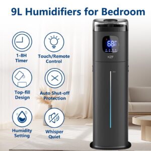 9L/2.5Gal Humidifier for Large Room Bedroom, KZF Ultrasonic Cool Mist Humidifier with Humidistat, 360°Nozzle, Last 72 Hours Suitable for Baby Home Indoor Plant (Black)