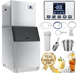 yitahome commercial ice maker machine 550lbs/24h with 360 lbs storage bin, industrial ice machine with ice scoop & bucket, stainless steel industrial ice maker for restaurant bar business cafe shop