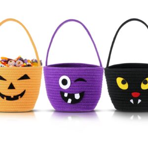 Teenyyou Halloween Trick or Treat Basket with Handle Cute Halloween Bucket Cotton Rope Woven Candy Bag Pumpkin Witch Cat Pig Storage Basket for Halloween Party Favor(3 Packs,Mixed Style)