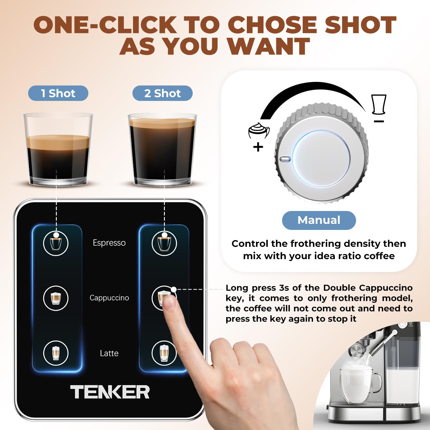 TENKER Espresso Machine 20 Bar, Cappuccino Machine with Automatic Milk Frother, Latte Machine in Stainless Steel Design, 1350W Touchscreen Coffee Maker for Home and Office (Silver)