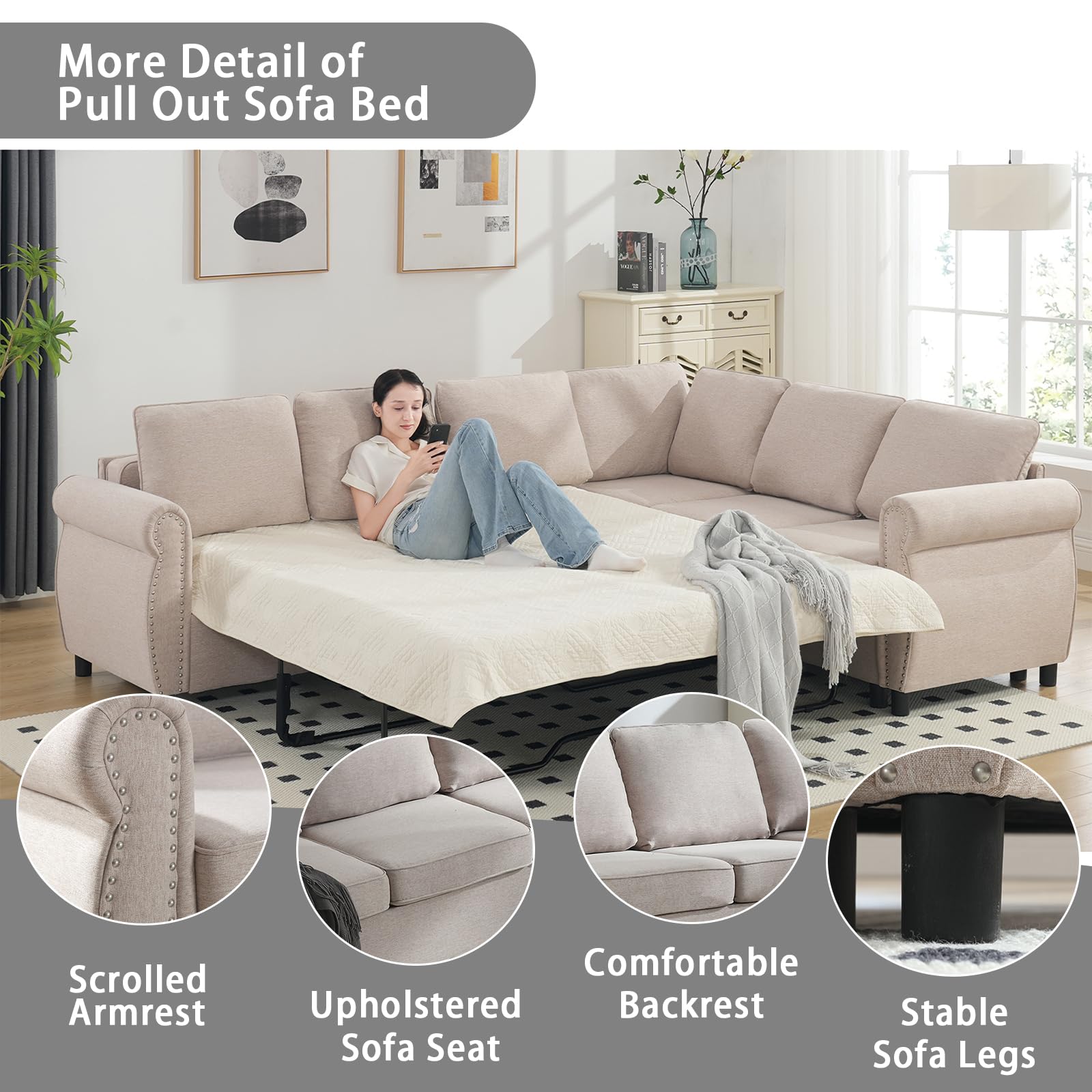 104'' Sleeper Sofa Bed Queen, L Shaped Sectional Sofa with Pull Out Couch Bed, Queen Size 6 Seater Sofa Bed with Memory Foam Mattress, Sectional Couches for Living Room Furniture Set, Beige