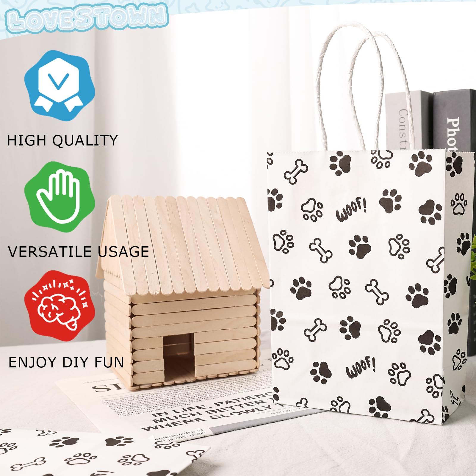 LovesTown 16PCS Gift Bags, Paper Retail Grocery Bags Dog Paw Print Goodie Bags with Paper Twist Handles for Party Gifts Birthday 5.5 x 2.8 x 7.9 inch