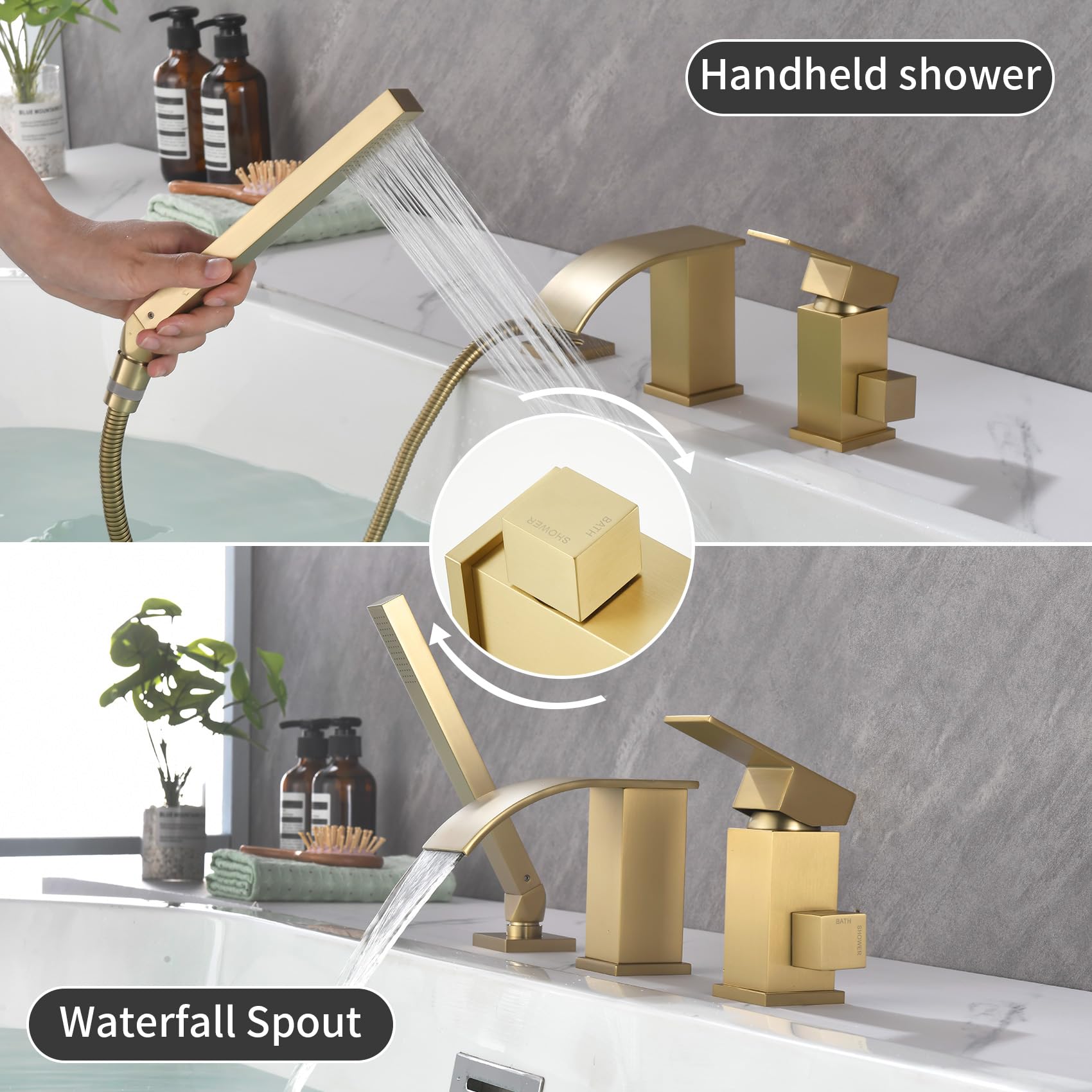 TapLong Waterfall Roman Tub Faucet with Hand Shower, Deck Mount 3 Hole Bathtub Faucet Set High Flow Bath Tub Faucet Set Deck Mount Solid Brass, Brushed Gold，03766BG