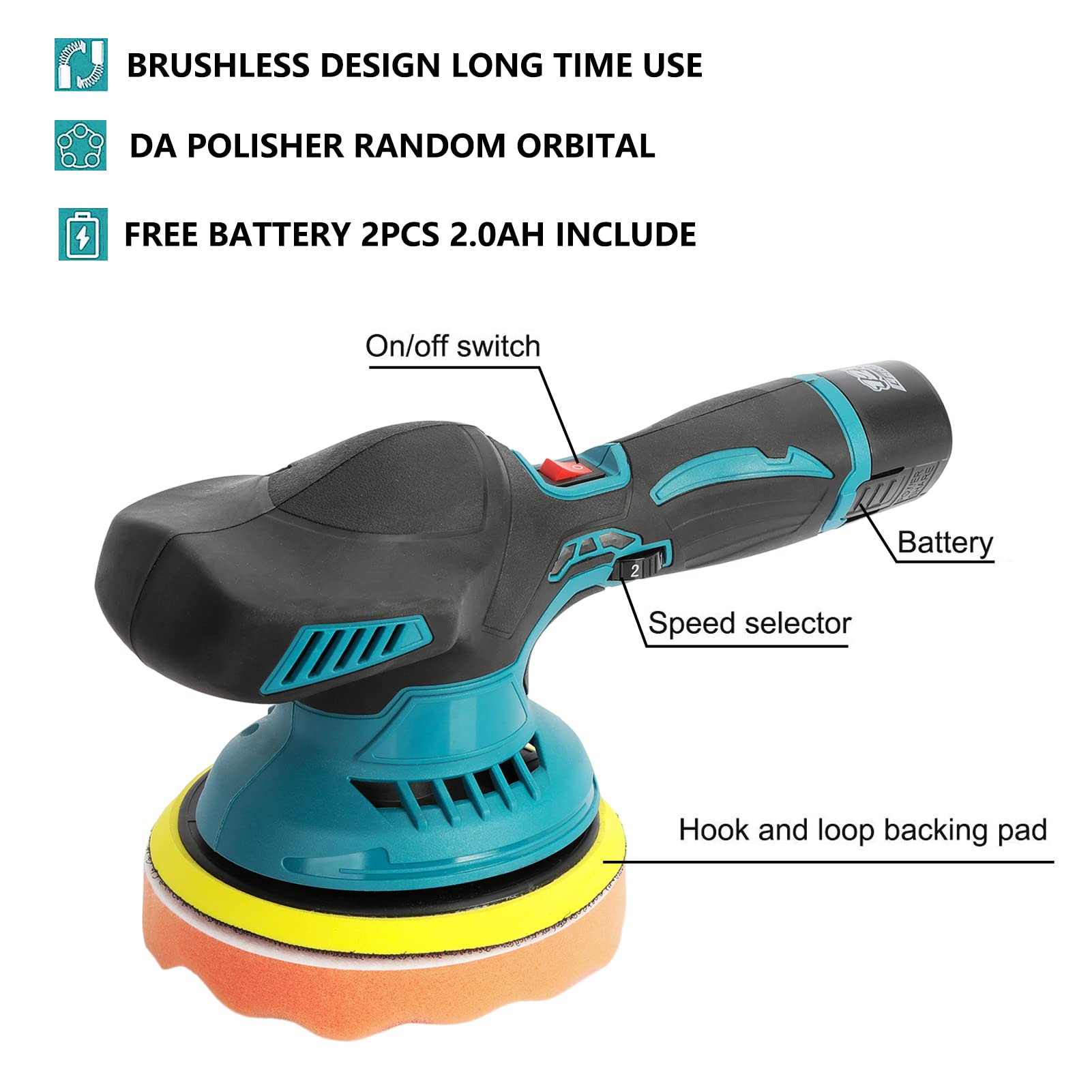 6 Inch Rotary Buffer Polisher Waxer, 6 Variable Speed 2500-5000 RPM, Battery Powered Cordless Powerful Motor Ergonomic Handle Car Polishing Dual Action Car Buffer Polisher