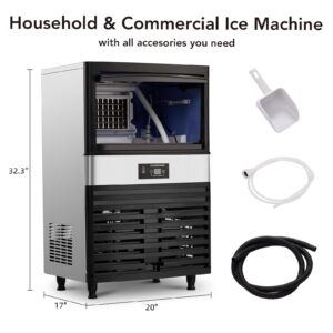 TROPOW Commercial Ice Maker Machine 110lbs/24H, Freestanding Stainless Steel Under Counter ice Machine with 40lbs Ice Storage Capacity, 40cubes/10min Quick Ice-Making