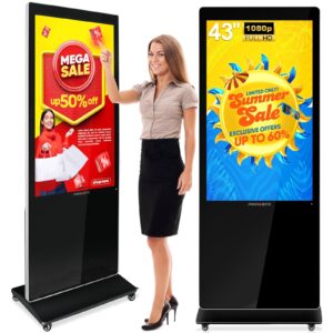 pwr4gtr 43 inch digital signage, full hd ips touchscreen interactive kiosk indoor advertising display floor standing android 11.0 lcd totem with 500 nits high brightness, 2+32gb