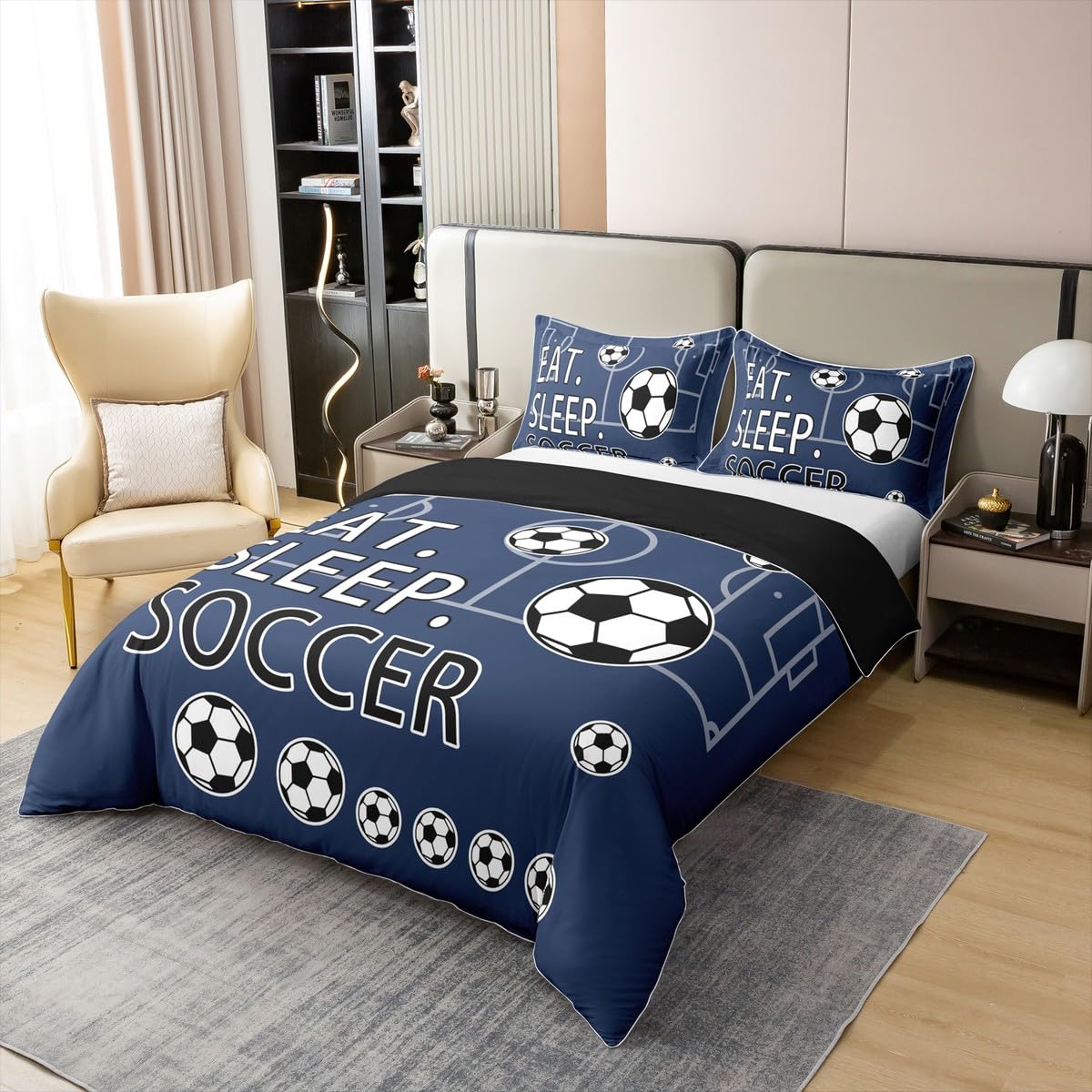 Feelyou Twin(No Comforter) Soccer 100% Cotton Duvet Cover Boys Girls Football Bedding Set for Kids Teens Toddler Navy Blue Comforter Cover Set Soccer Ball Game 2Pcs Zipper