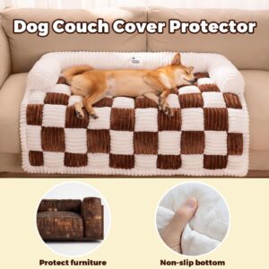 FUNNY FUZZY Couch Cover for Dogs, Large Dog Couch Cover Bed Cream Square Plaid Washable Pet Mat for Furniture Protector Sofa Cover for Home and Car, X-Large, Brown