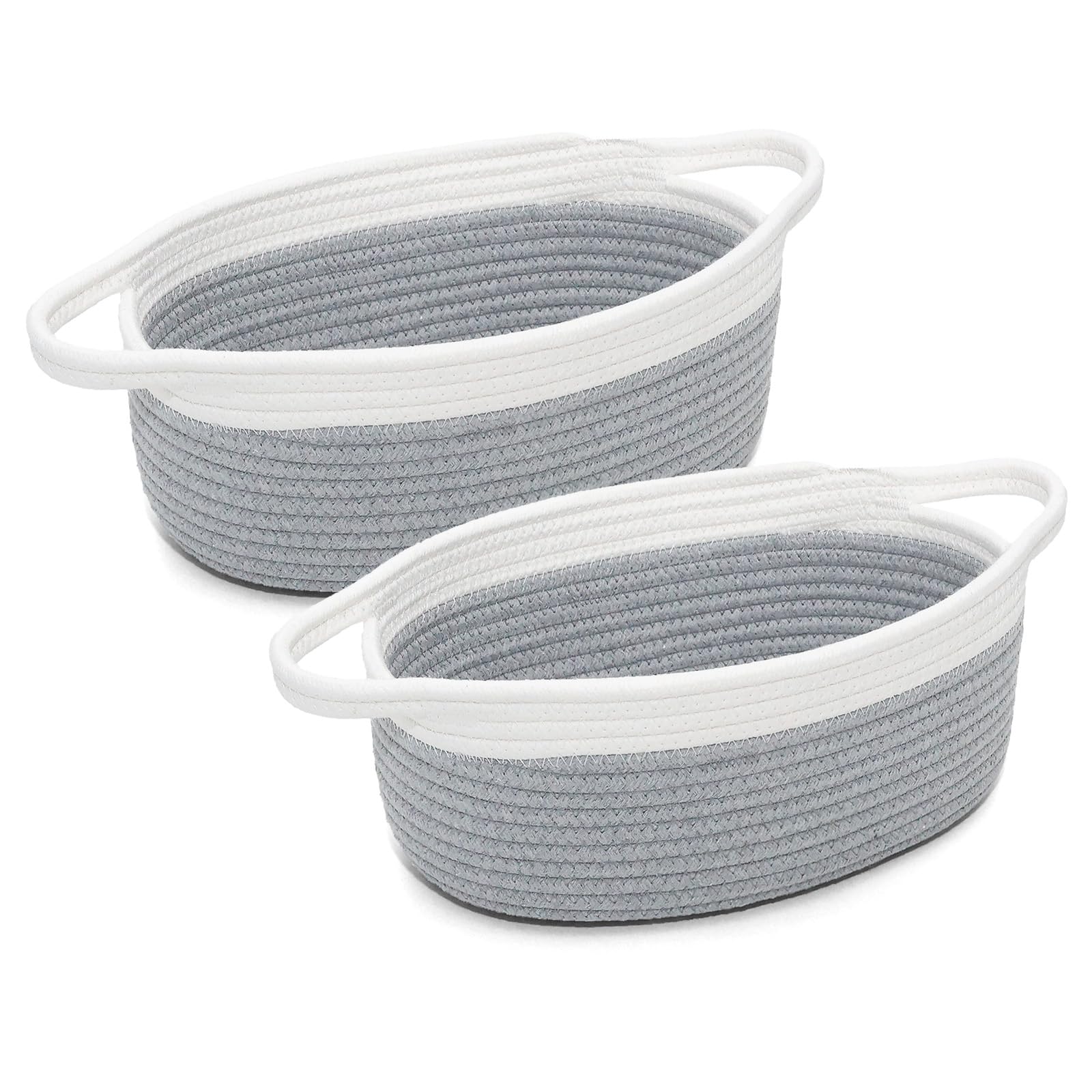 ArcaGuru Small Woven Basket with Handles, Empty Storage Baske for Gifts, Rope Room Shelf Storage Basket for Towels, Snacks, Dog Toy Basket, Pack of 2, Gray