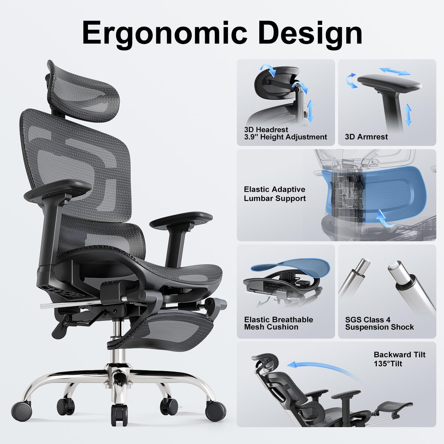 Ergonomic Office Chair, Adaptive Lumbar Support, SGS Class 4 Gas Clylinder 400 LBS Capacity，3D Headrest & Armrest and Retractable Footrest, Mesh Breathable Desk Chair