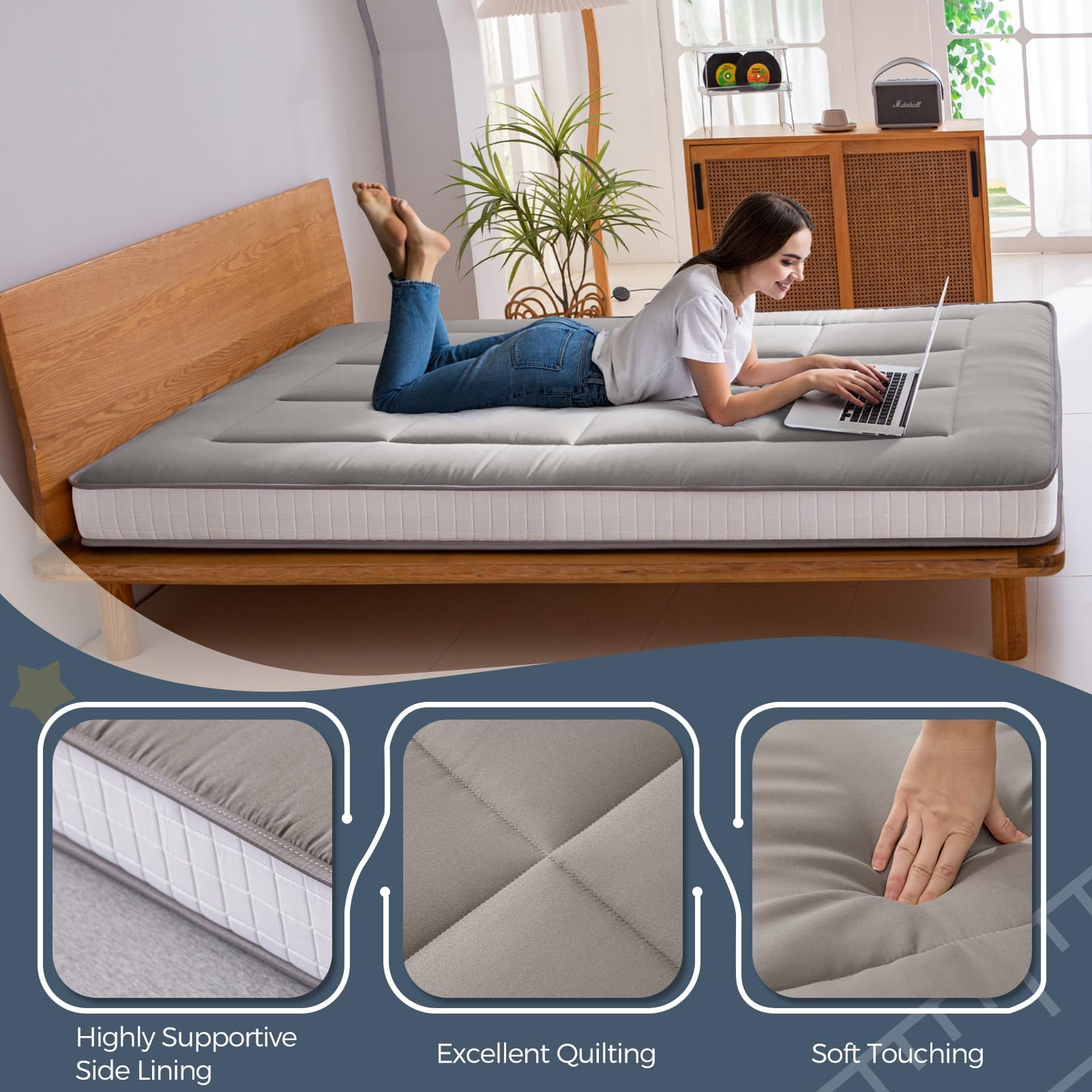 MAXYOYO 6" Extra Thick Floor Futon Mattress, Foldable Mattress Tatami Pad Floor Mattress for Adults Floor Bed Roll Up Mattress Guest Mattress, Dark Grey, Full