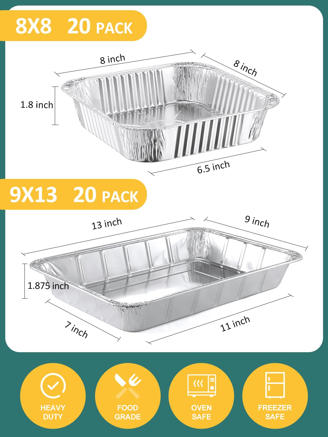 NEEBAKE 40 Pack Disposable Aluminum Pans Combo Set - 20 Large 9x13 Aluminum Foil Pans Half Size & 20 Small 8x8 Tin Foil Baking Pans, Tin Trays Containers for Meal Prep, Food Cooking, Roasting, Heating