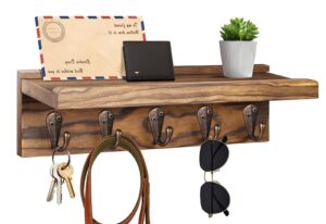 zuxefo key and mail holder wall mounted (5 hooks, small), wooden wall hanging key holder with shelf, rustic entryway rack organizer for key mail dog leash bag coat - by yhyz