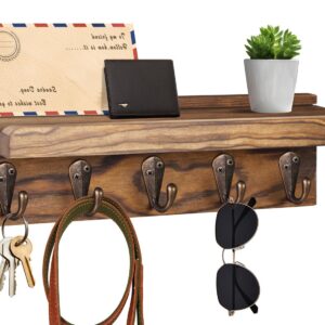 ZUXEFO Key and Mail Holder Wall Mounted (5 Hooks, Small), Wooden Wall Hanging Key Holder with Shelf, Rustic Entryway Rack Organizer for Key Mail Dog Leash Bag Coat - by YHYZ