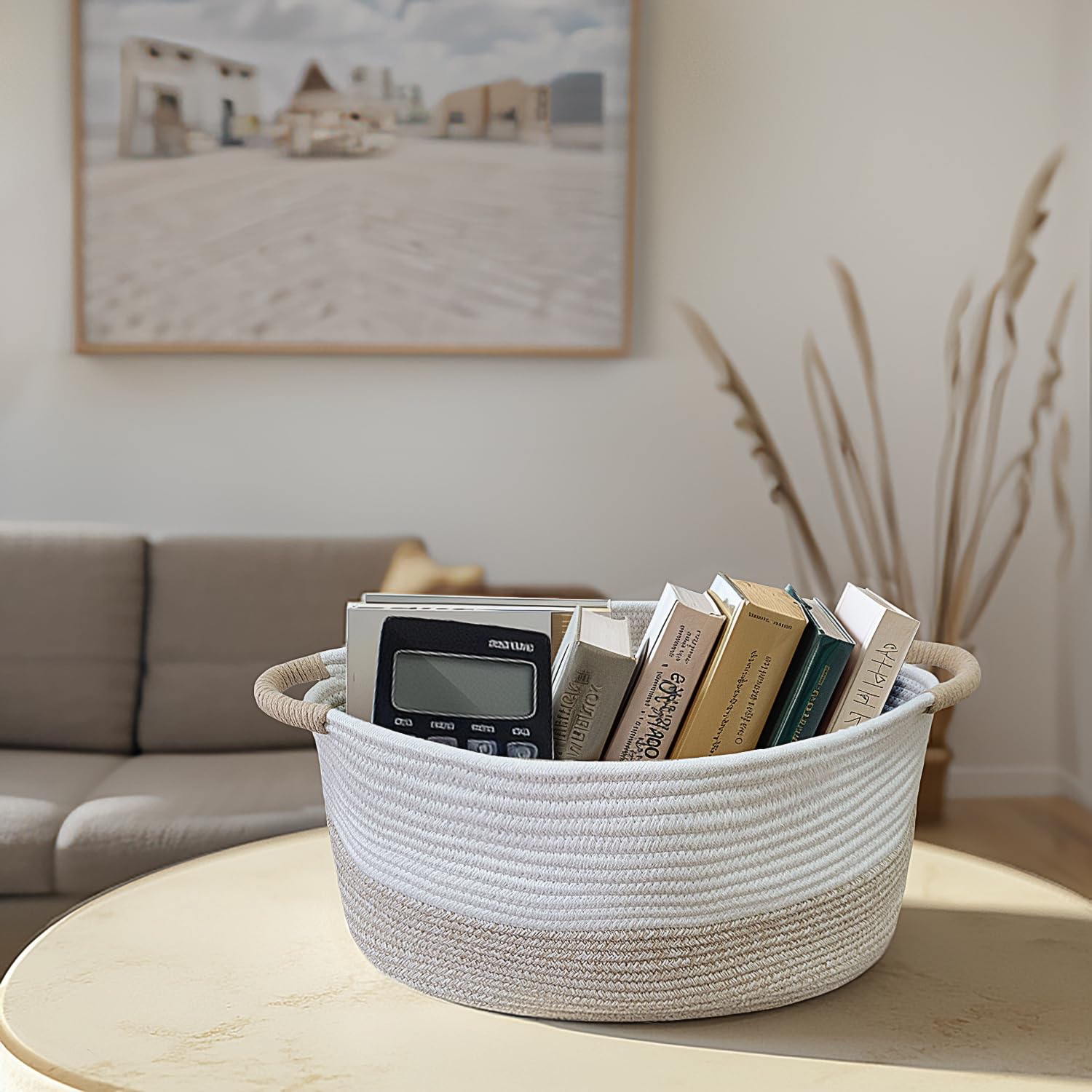 HIFEASTS Cotton Rope Storage Basket with Handles, 17 "L x 12.5" W x 8.5 "H, Home Decor Basket, Towel Basket, Cute Storage Basket for Books and Magazines (White & Light Khaki, 1 PCS)