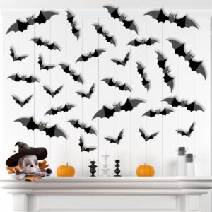 100pcs halloween 3d bats wall decoration 4 different sizes bats with glow eyes pvc scary diy realistic black bats sticker for home decor wall window decal bathroom indoor hallowmas party supplie (100)