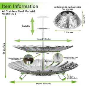 VOGARB Vegetable Steamer Basket,2 Layer Kitchen Baskets Capacity for Food Cooking,Stainless Steel Collapsible and Expandable,Large&Small Separably to Fit Various Size Pot