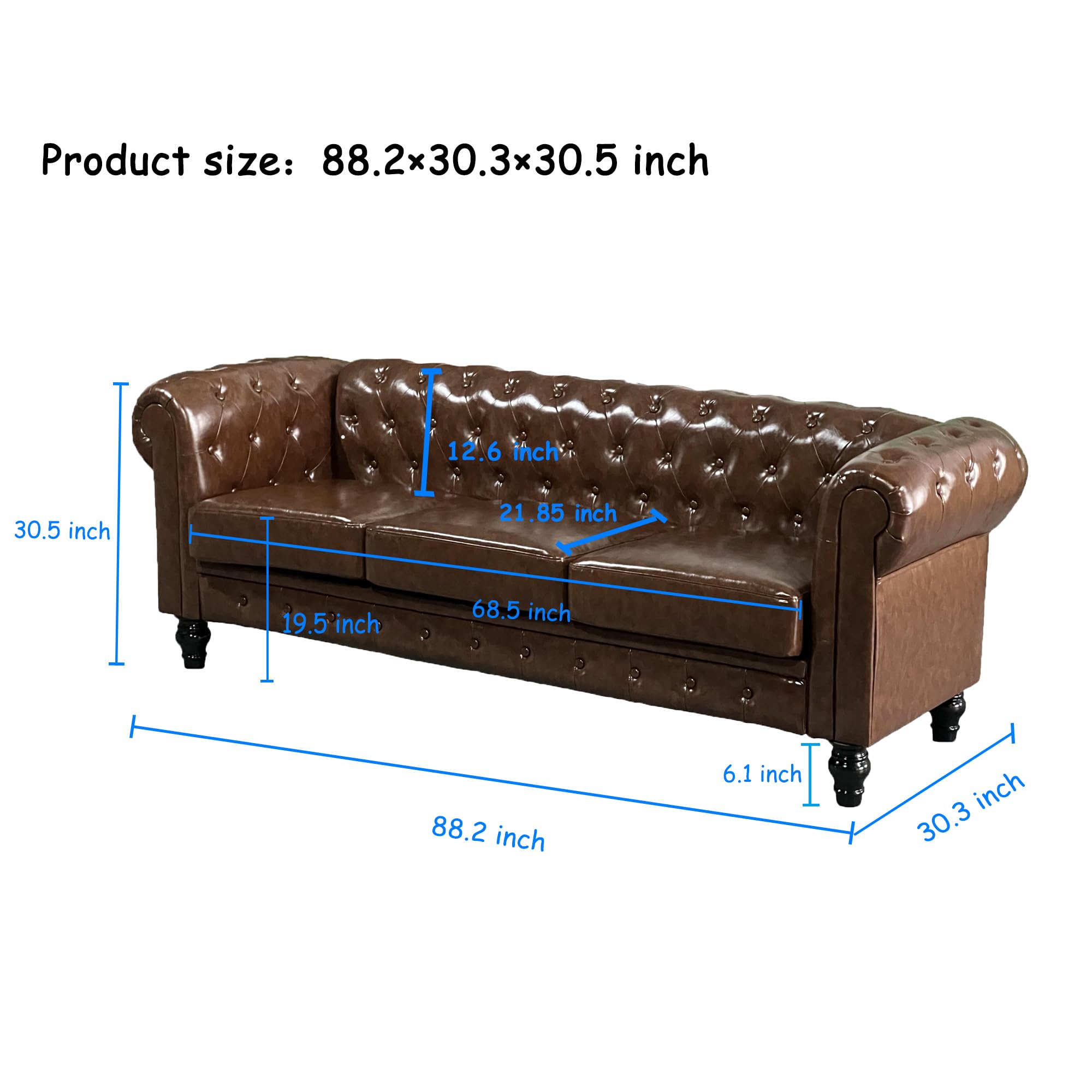 DOOSOODAA Chesterfield PU Leather Couch 3 Seater Sofa, 89" Modern Luxurious Large Button-Tufted Sofa Couch, Home Upholstered Sofa Deep Seat Couch for Living Room Furniture Brown