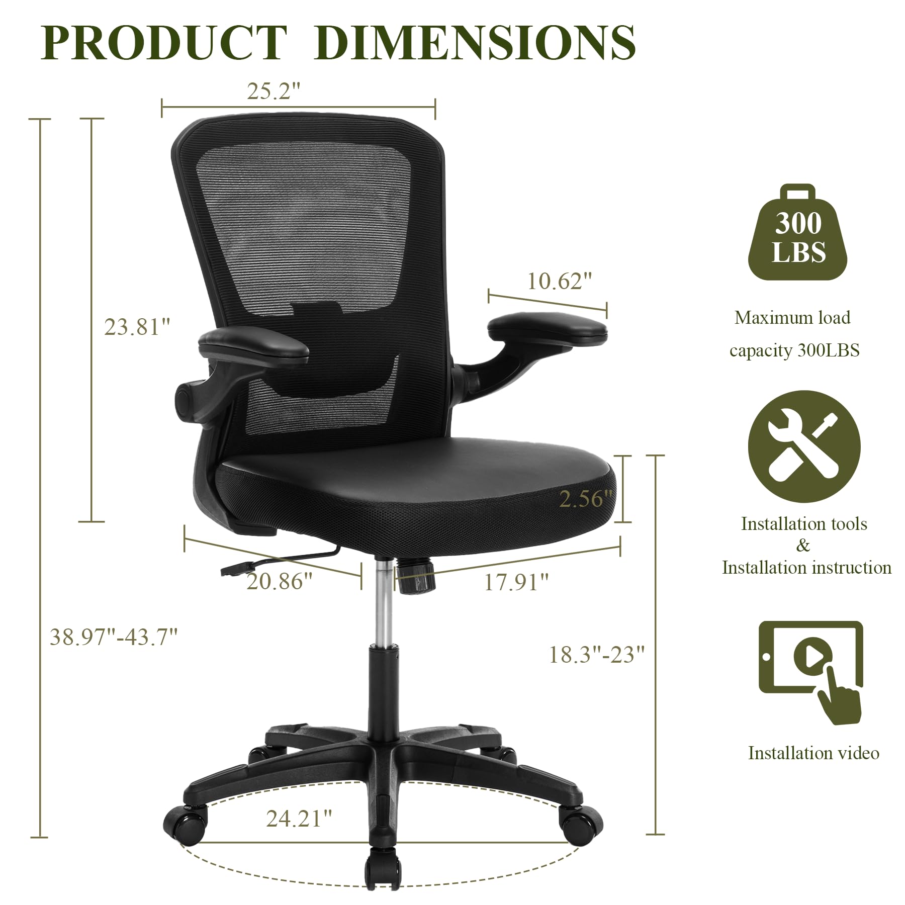 TOPBSHODC Office Chair Ergonomic Mesh PU Leather Desk Chair,Executive Computer Chair with Lumbar Support Flip up Arm,Swivel Rolling Home Office Chair with Adjustable Height,Black Task Chair with Wheel