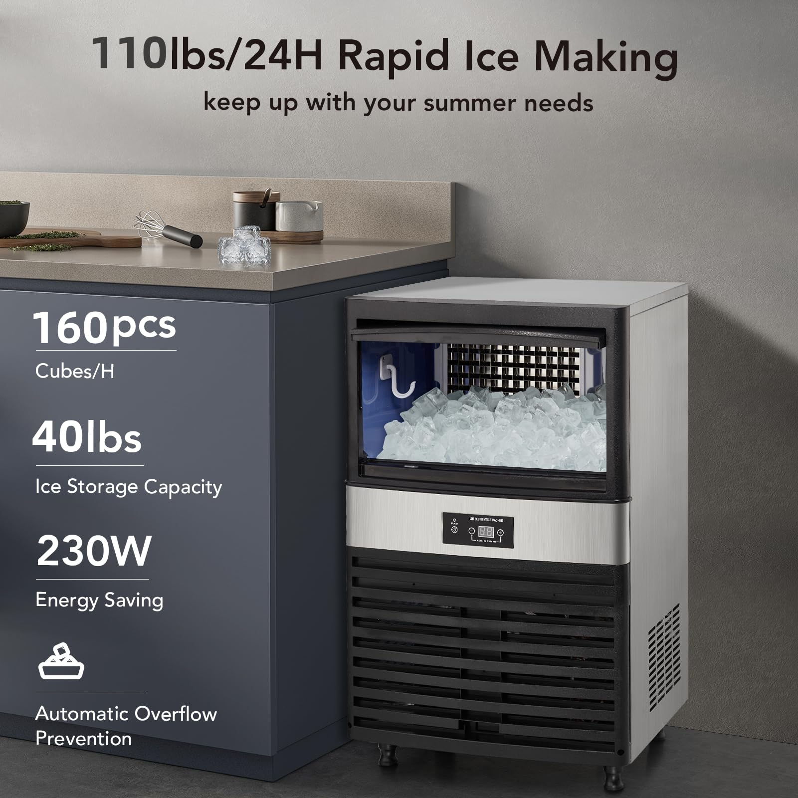 TROPOW Commercial Ice Maker Machine 110lbs/24H, Freestanding Stainless Steel Under Counter ice Machine with 40lbs Ice Storage Capacity, 40cubes/10min Quick Ice-Making