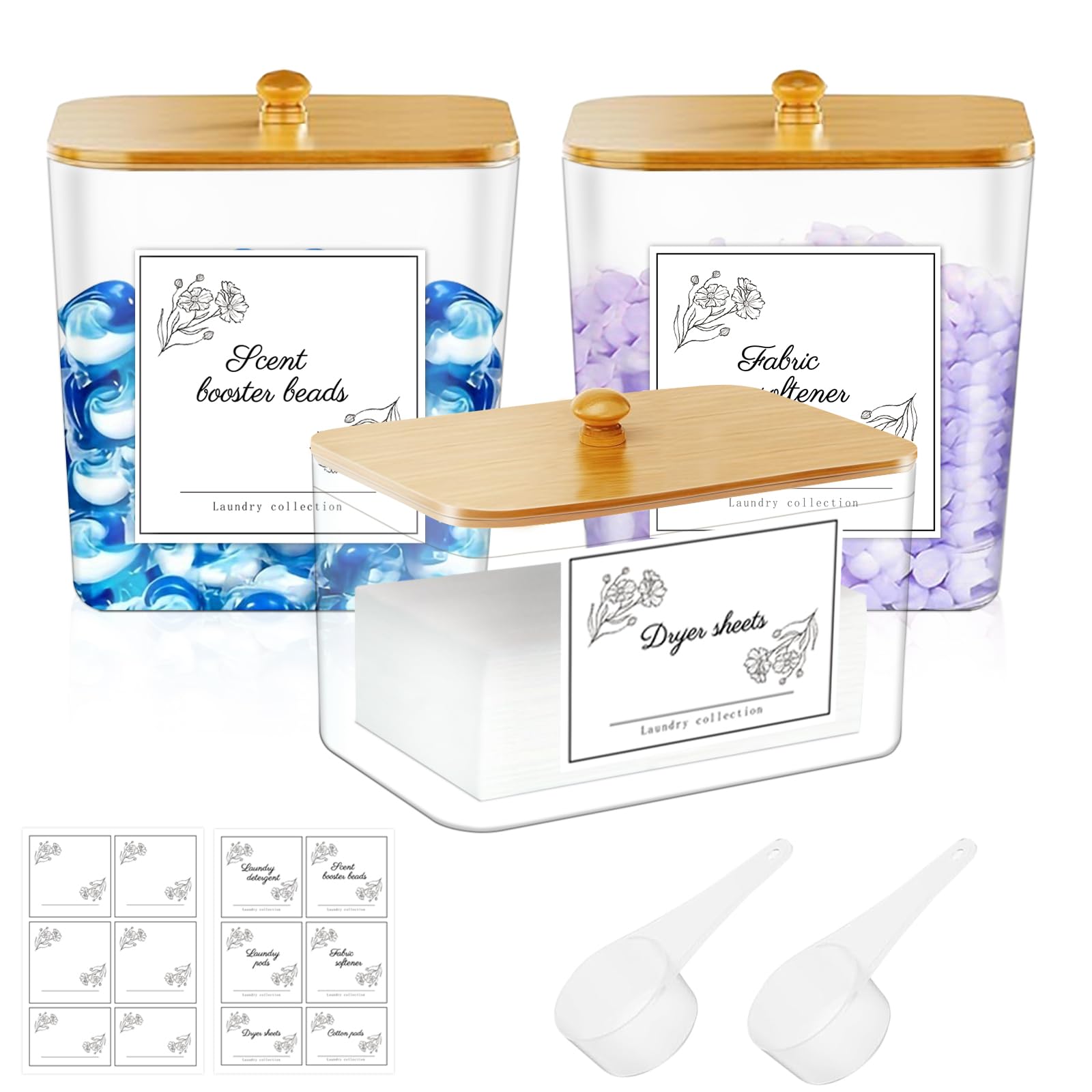 Laundry Room Organization Storage Containers: Laundry Pods Container Dryer Sheet Holder Organizing Storage Jars with Bamboo Lids & 2 Scoops & Labels - for Detergent Powder Scent Booster Beads (3pcs)