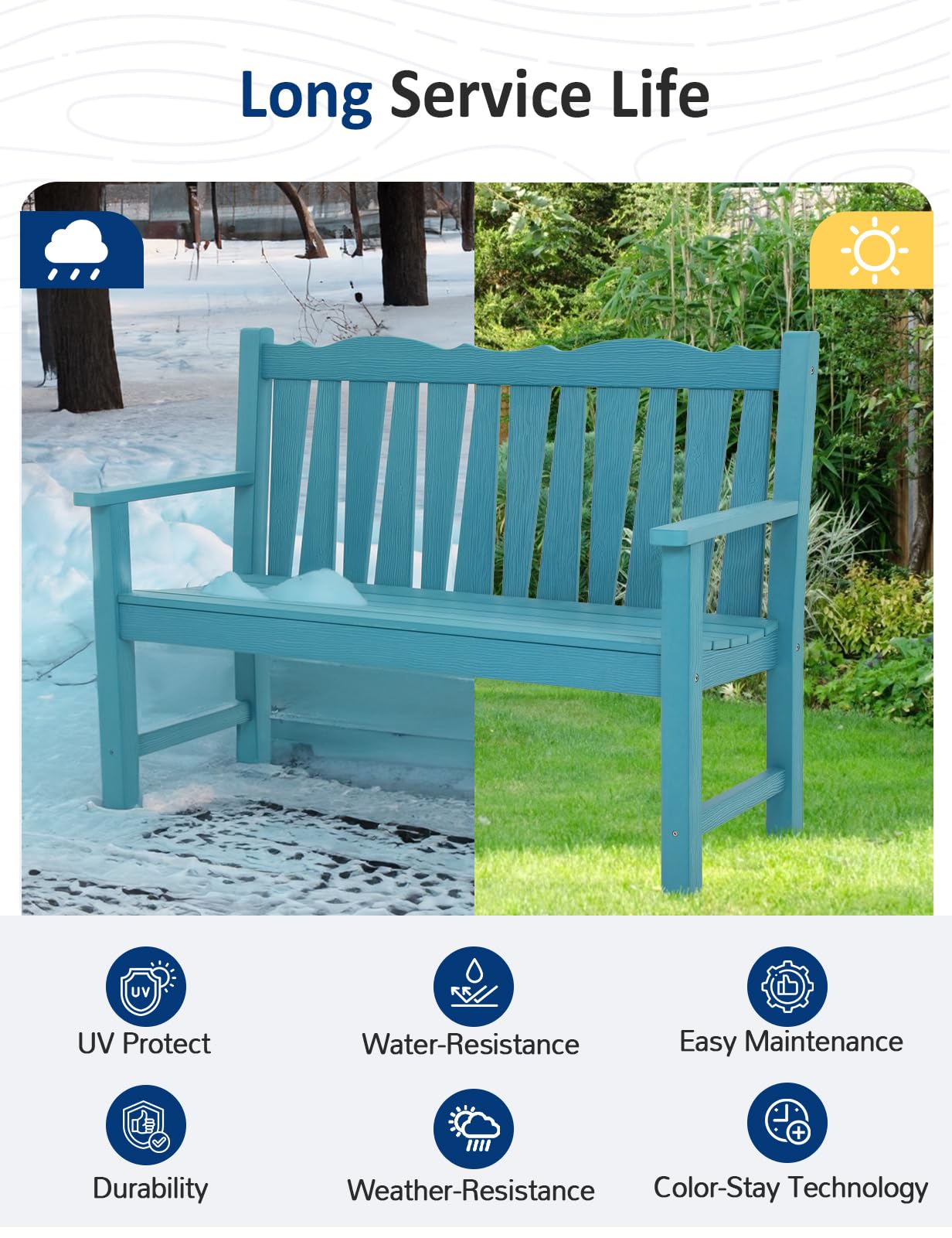 LAHAAP Outdoor Bench Weatherproof, 2-Person Garden Benches for Outdoors, All Weather HIPS Patio Bench Holds up to 800lbs, Never Rot or Fade, Comfort Bench for Porch, Garden, Patio, Backyard and Park