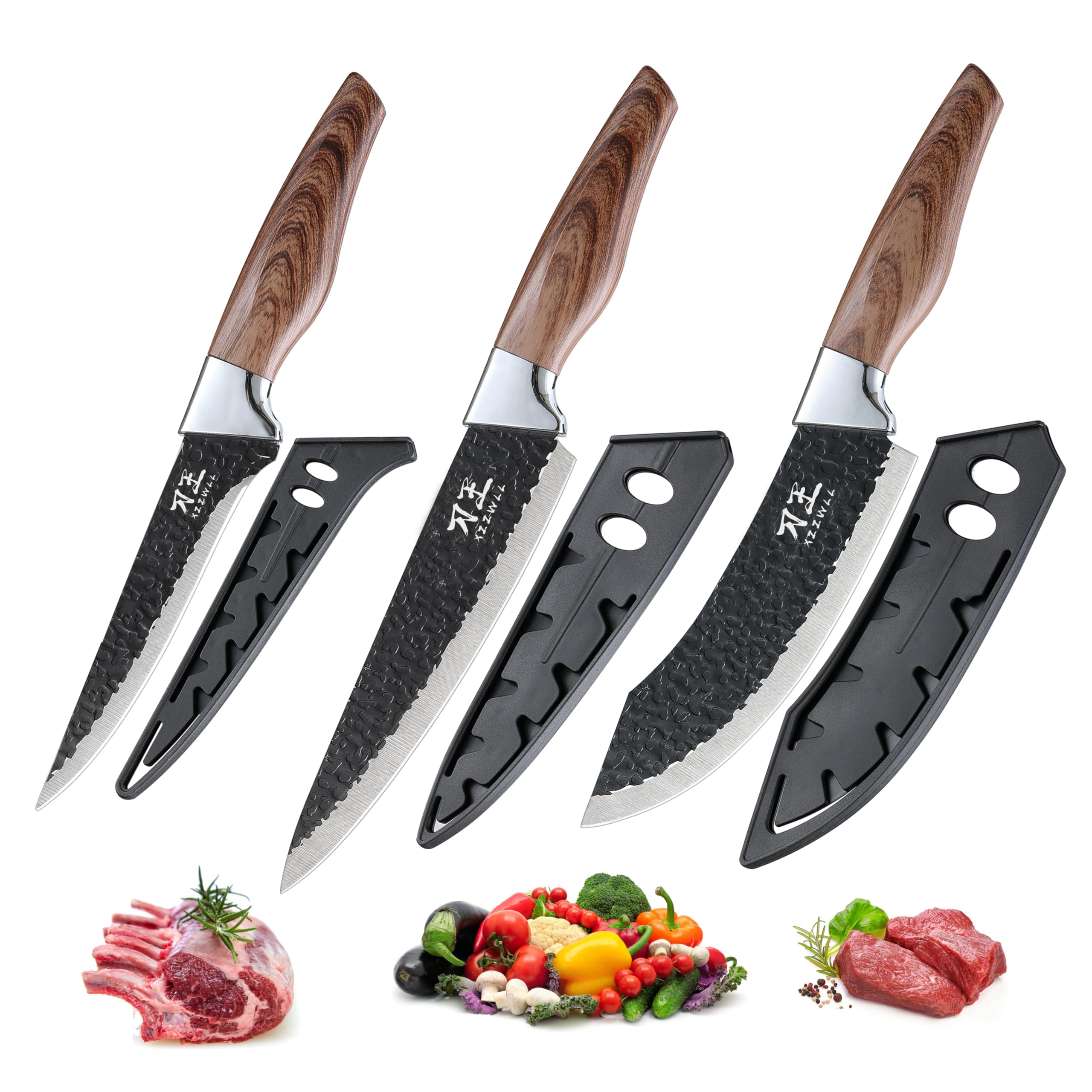 XZZWLL Chef Knife Set, 3 Pieces Kitchen Knives with Sheath, 7” Chef knife 6” Cleaver knife and 5.5” Boning Knife - Ergonomic Handle with Anti-Corrosion Blade