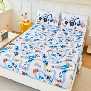 rynghipy kids twin bed sheets: cars print sheets set for boys - breathable wrinkle free microfiber flat sheet fitted sheet and pillowcase (white,twin)