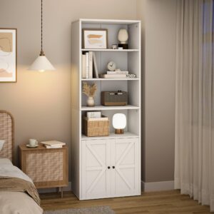 CABIHOME Farmhouse Bookcase with Doors 71.4in Tall Bookshelf 11.8in Depth Display Storage Shelves Industrial Bookcases Wooden 6 Shelf Bookshelves for Bedroom, Living Room, Home Office