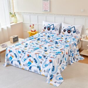 RYNGHIPY Kids Twin Bed Sheets: Cars Print Sheets Set for Boys - Breathable Wrinkle Free Microfiber Flat Sheet Fitted Sheet and Pillowcase (White,Twin)