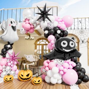 Pink Halloween Balloon Garland Arch Kit,130pcs Halloween Pink Black Silver Balloons With Starburst,Ghost,Bat Foil Balloons for Girl,Birthday,Baby Shower,Spooky One,Halloween Party Decorations