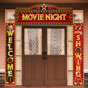 funnymoom 3 pcs movie night porch banner decorations movie theme party hanging banner welcome now showing sign door banner for movie theater photography background party supplies