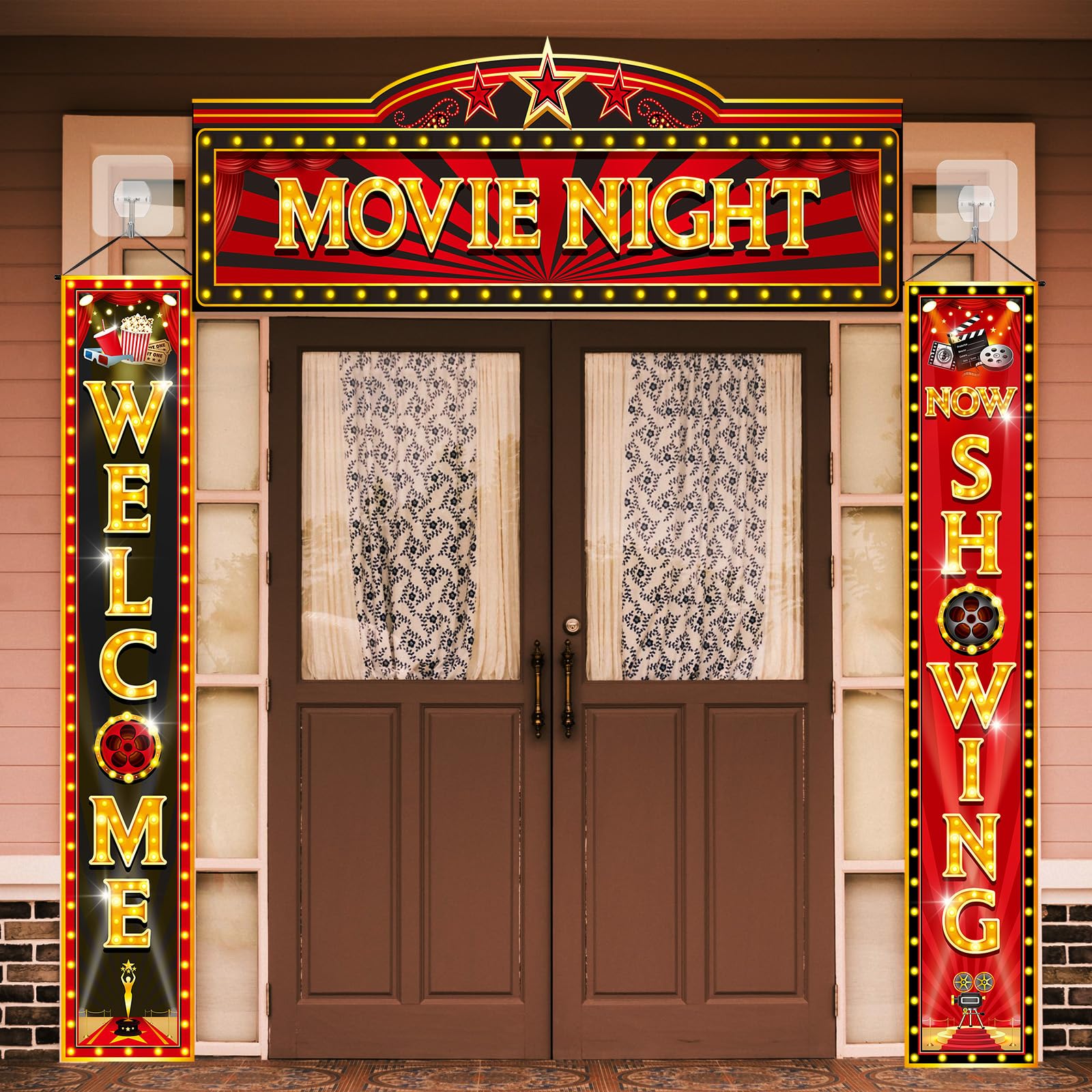 Funnymoom 3 Pcs Movie Night Porch Banner Decorations Movie Theme Party Hanging Banner Welcome Now Showing Sign Door Banner for Movie Theater Photography Background Party Supplies