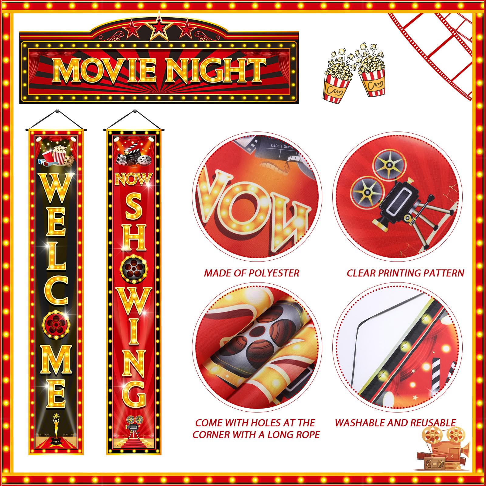 Funnymoom 3 Pcs Movie Night Porch Banner Decorations Movie Theme Party Hanging Banner Welcome Now Showing Sign Door Banner for Movie Theater Photography Background Party Supplies