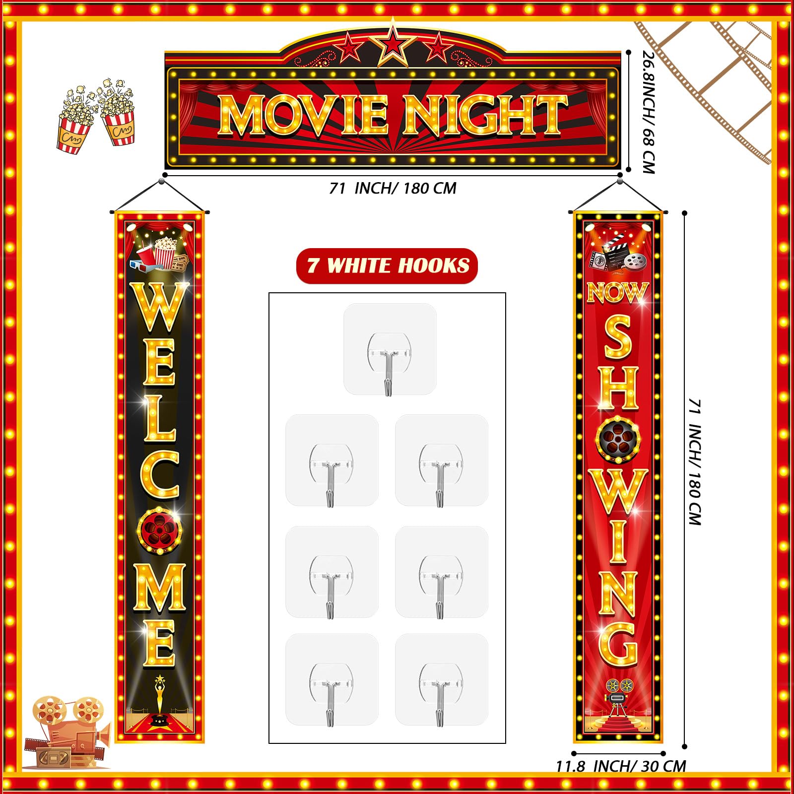 Funnymoom 3 Pcs Movie Night Porch Banner Decorations Movie Theme Party Hanging Banner Welcome Now Showing Sign Door Banner for Movie Theater Photography Background Party Supplies