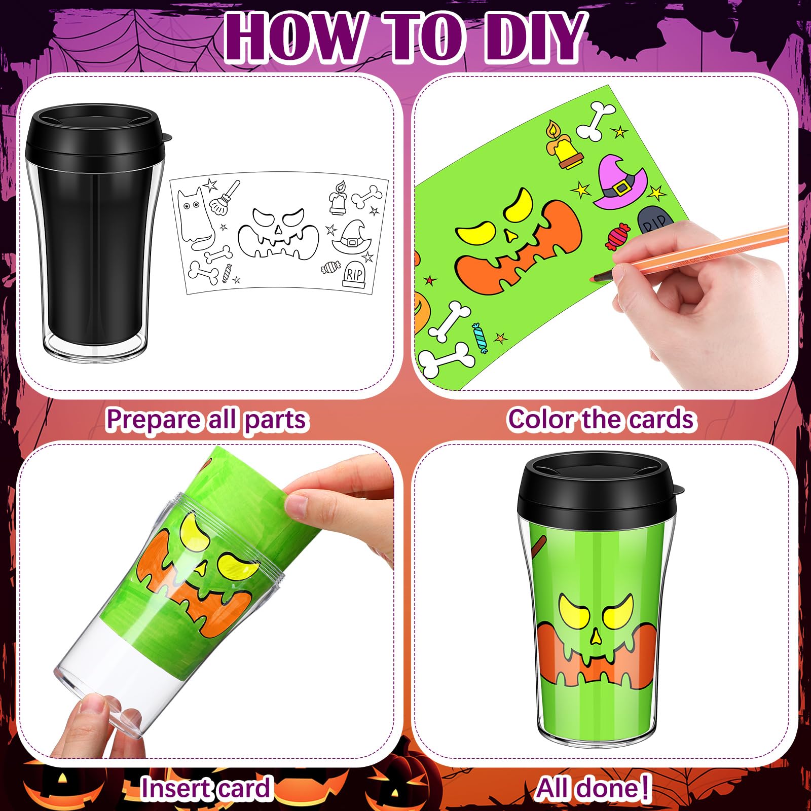 Yiyiring 12 Set Halloween Color Your Own Cups 10 oz Jack O Lantern Panting Cups Craft Halloween DIY Plastic Mug Crafts Halloween Party Gifts Supplies Home Project Activities