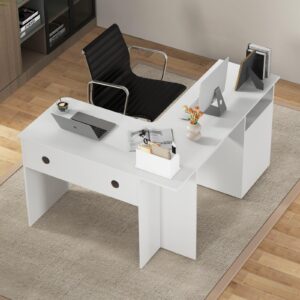 GOFLAME L-Shaped Desk, 59" Corner Computer Desk with File Drawer & Open Shelf, Large Workstation w/ 2 Cable Management Holes, Writing Study Desk for Home Office, White