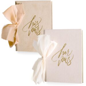 vow books his and hers w/ribbon- hardcover premium velvet linen - wedding vow books w/gold foil lettering embossed - neutral convertible vow books for wedding - keepsake gifts for couples (set of 2)