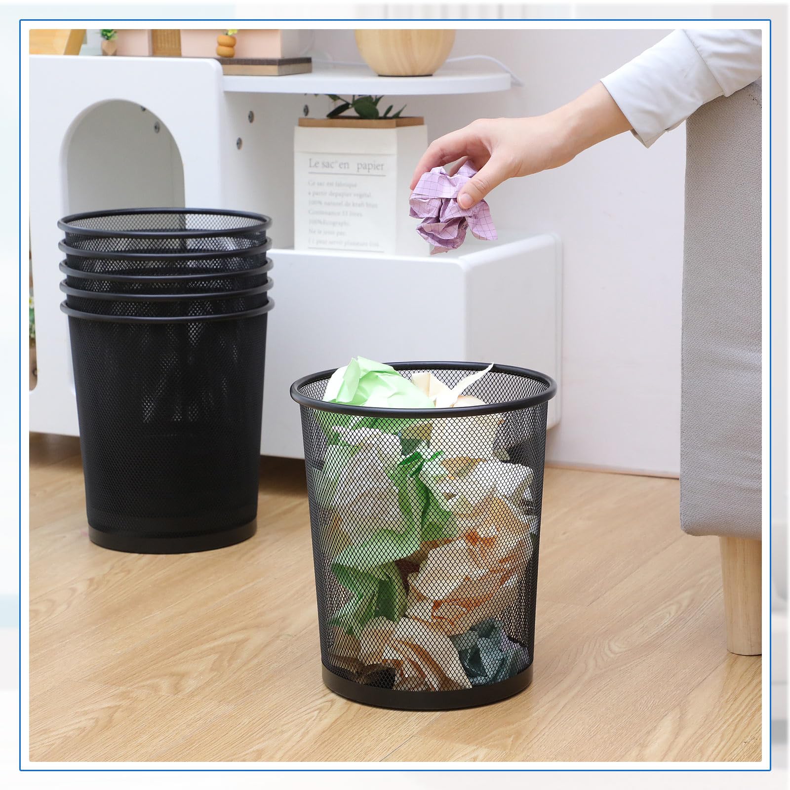 Hushee 12 Pcs Small Metal Trash Can Waste Paper Basket Trash Bin Office Garbage Can Wire Metal Waste Basket for Under Desk, Kitchen, Bedroom, Den, Dorm Room, Toilet (Black)