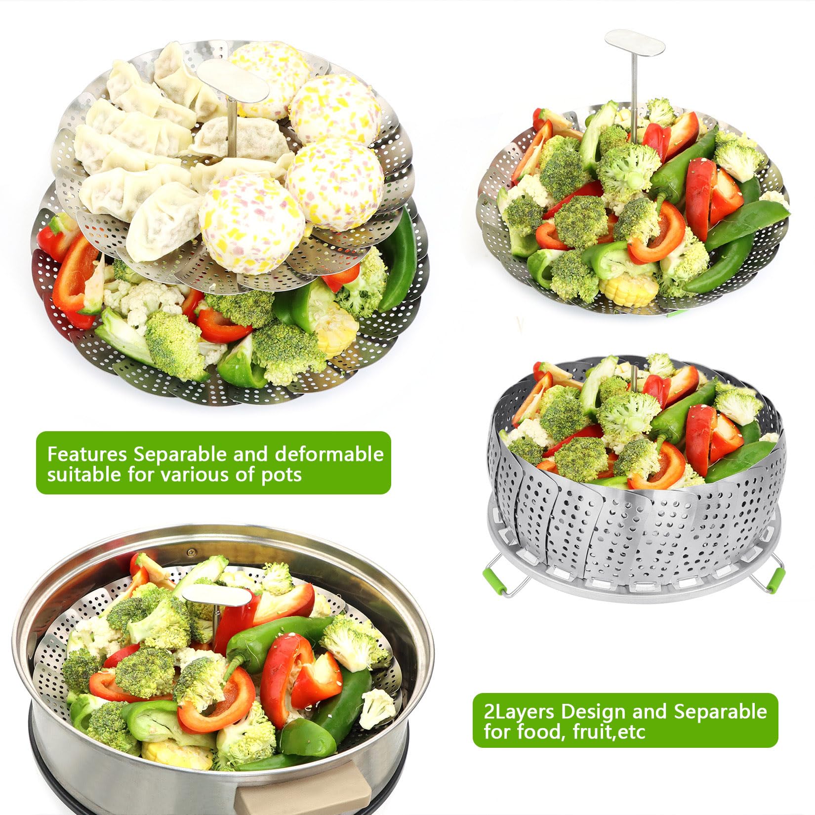 VOGARB Vegetable Steamer Basket,2 Layer Kitchen Baskets Capacity for Food Cooking,Stainless Steel Collapsible and Expandable,Large&Small Separably to Fit Various Size Pot