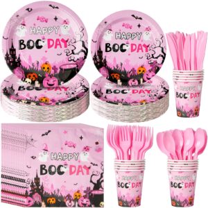 halloween happy boo day bayby shower party decorations,pink orange ghost pumpkin disposable paper plates napkins cups knives spoons fork for girl halloween birthday baby shower party supplies,serve 50