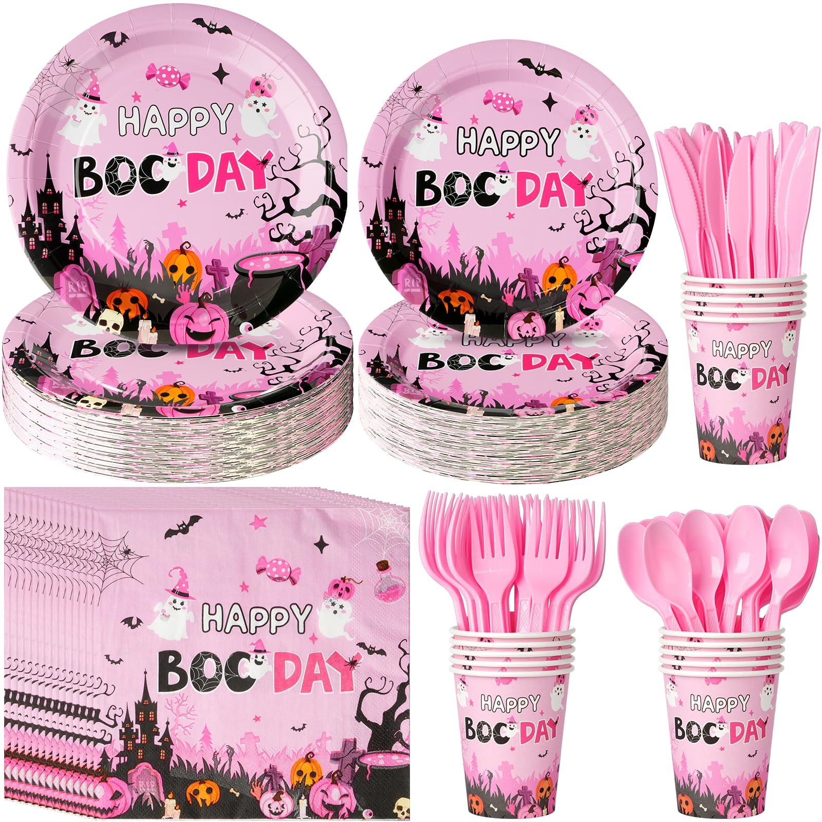 Halloween Happy Boo Day Bayby Shower Party Decorations,Pink Orange Ghost Pumpkin Disposable Paper Plates Napkins Cups Knives Spoons Fork for Girl Halloween Birthday Baby Shower Party Supplies,Serve 50