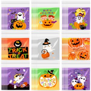 febsnow 450pcs halloween candy bags, 9 styles self adhesive trick candy bag cellophane cookie bags for halloween trick or treat goodie ziplock bags party favor