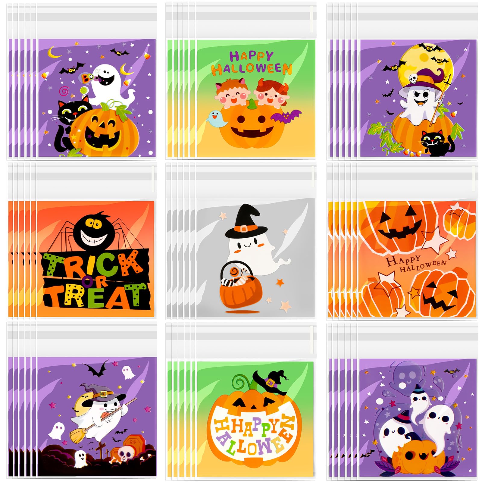 FEBSNOW 450pcs Halloween Candy Bags, 9 Styles Self Adhesive Trick Candy Bag Cellophane Cookie Bags for Halloween Trick or Treat Goodie Ziplock Bags Party Favor