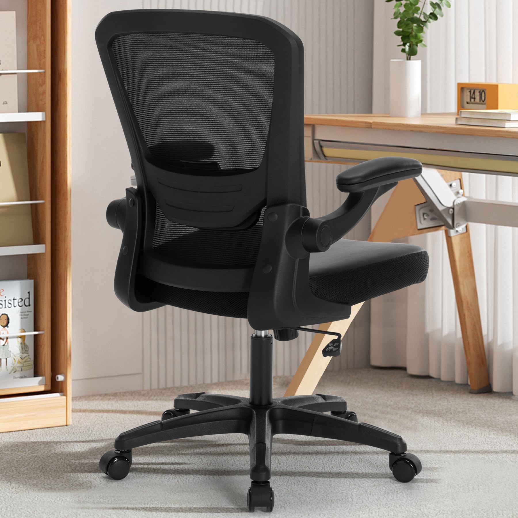 TOPBSHODC Office Chair Ergonomic Mesh PU Leather Desk Chair,Executive Computer Chair with Lumbar Support Flip up Arm,Swivel Rolling Home Office Chair with Adjustable Height,Black Task Chair with Wheel