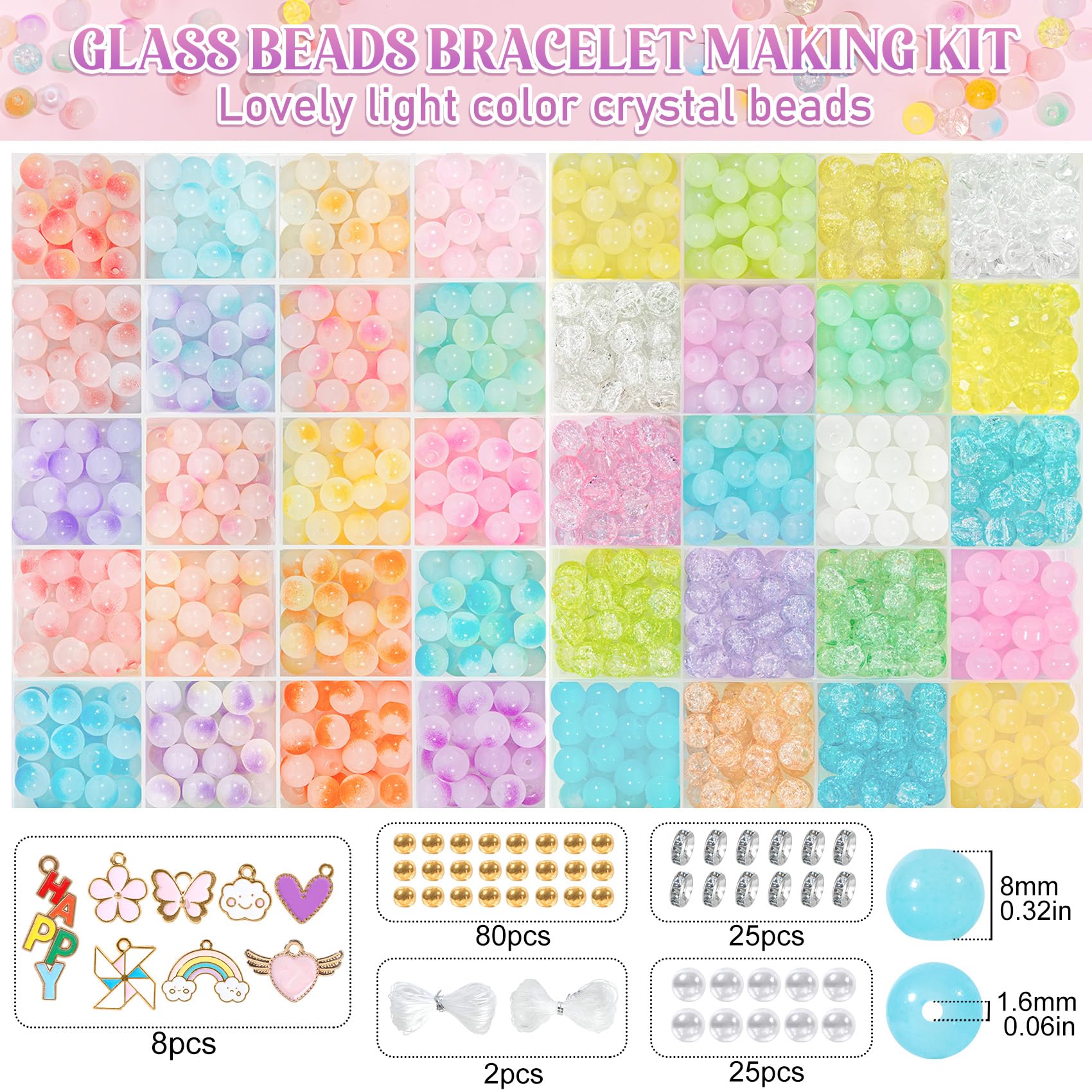 Acerich 2 Boxes Glass Beads for Jewelry Making, 44 Colors 8 mm Crystal Beads for Bracelets for DIY Crafts Birthday Gifts Round Friendship Bracelet Kit, SKU-038-1-A