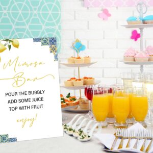 Blue Tiles and Lemons Bridal Shower Mimosa Bar Sign, Table Decor Bridal Shower Sign, Pack of 1 Wooden Tabletop Sign with Stand, Bridal Shower Decorations, Wedding Shower Supplies - XG07AB