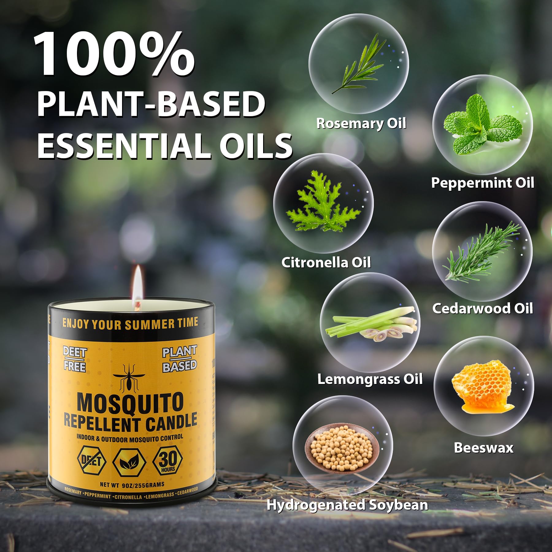 BugBai Natural Plant-Based Mosquito Repellent Candle, DEET Free Mosquito Citronella Candles Indoor and Outdoor Bug Insect Repellent Burns 30 Hours for Patio, Yard, Picnic, Camping (9oz | 2 Pack)