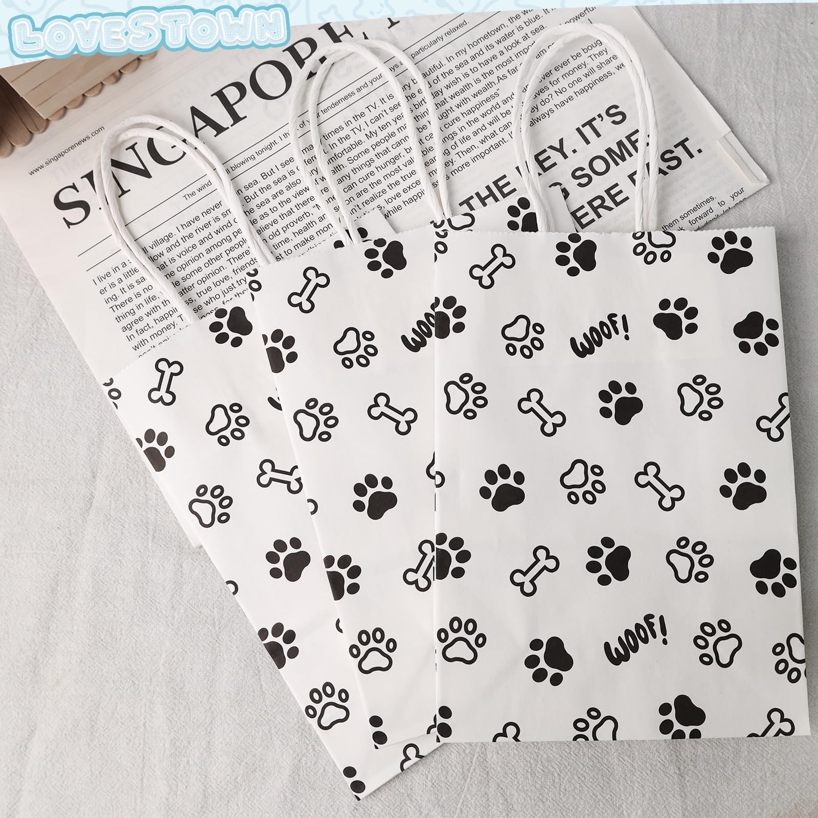 LovesTown 16PCS Gift Bags, Paper Retail Grocery Bags Dog Paw Print Goodie Bags with Paper Twist Handles for Party Gifts Birthday 5.5 x 2.8 x 7.9 inch